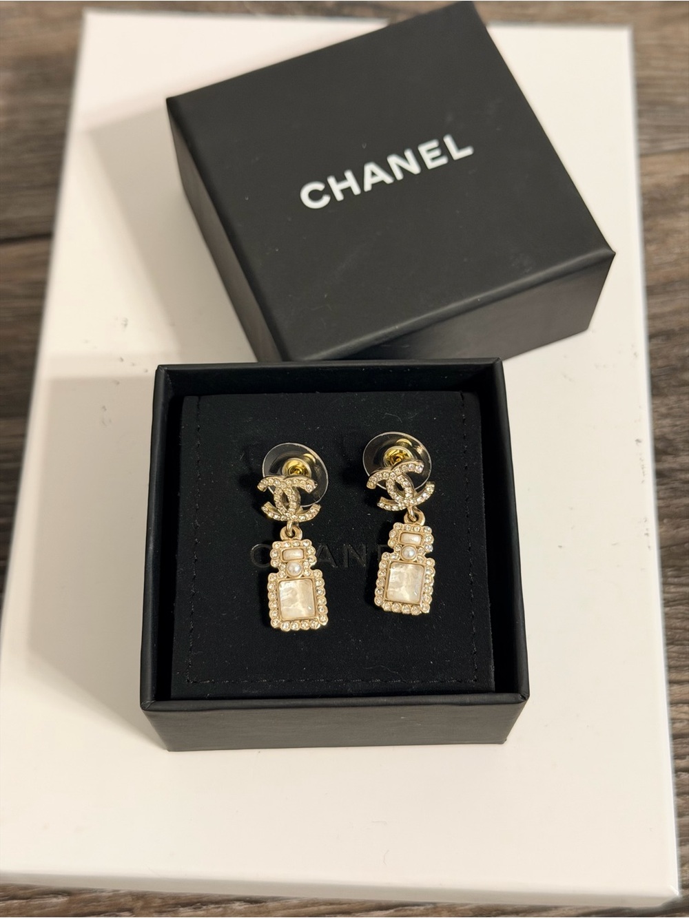CHANEL Crystal CC Perfume Motif Dangle Earrings